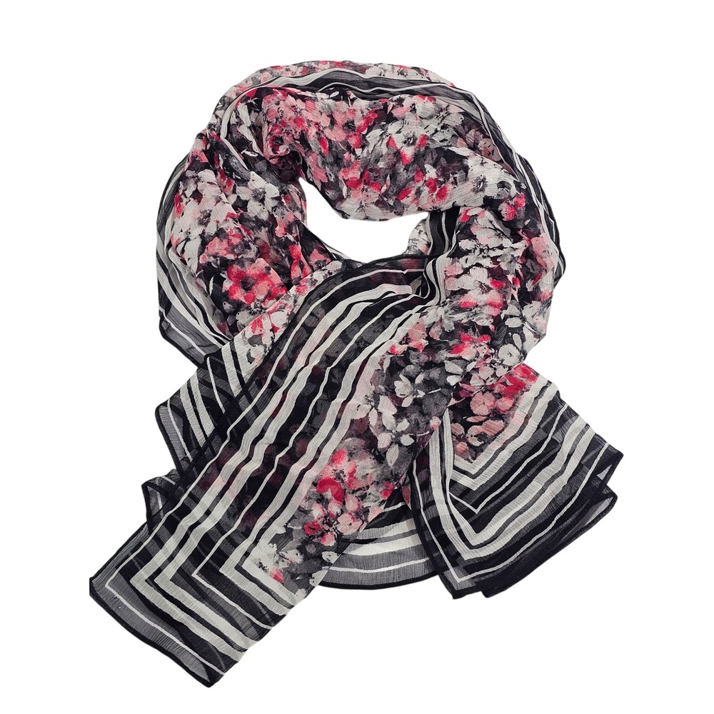 Unbranded Floral Stripe Scarf Womens OS Pink Black White Sheer Crinkle Wrap